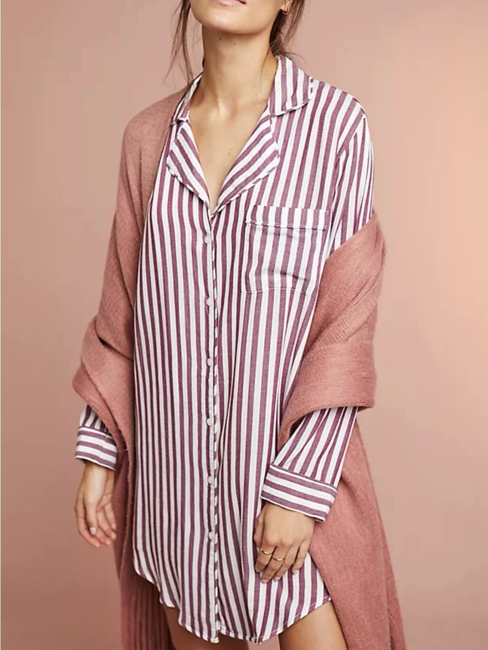 Rails Acadia White Raspberry Striped Cozy Oversized Longline Button Sleep Shirt